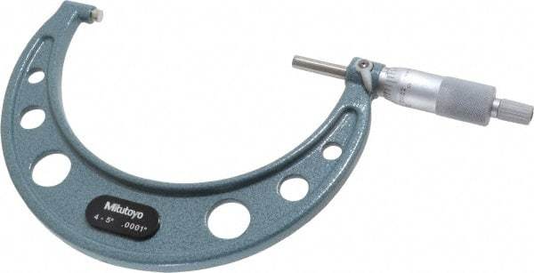 Mitutoyo - 4 to 5" Range, 0.0001" Graduation, Mechanical Outside Micrometer - Ratchet Stop Thimble, Accurate to 0.00015" - Exact Industrial Supply