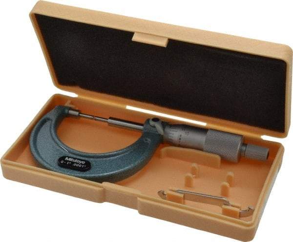 Mitutoyo - 1 Inch, 38mm Throat Depth, Mechanical Spline Micrometer - Accurate Up to 0.00015 Inch, 0.0001 Inch Graduation, 1/4 Inch Spindle Diameter, 18mm Head Diameter, Ratchet Stop Thimble - Exact Industrial Supply
