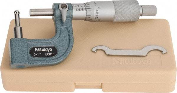 Mitutoyo - 1 Inch Measurement Range, 0.0001 Inch Graduation, Barrel Anvil, Ratchet Stop Thimble, Mechanical Tube Micrometer - Accurate Up to 0.0002 Inch, Carbide, Includes Plastic Case - Exact Industrial Supply