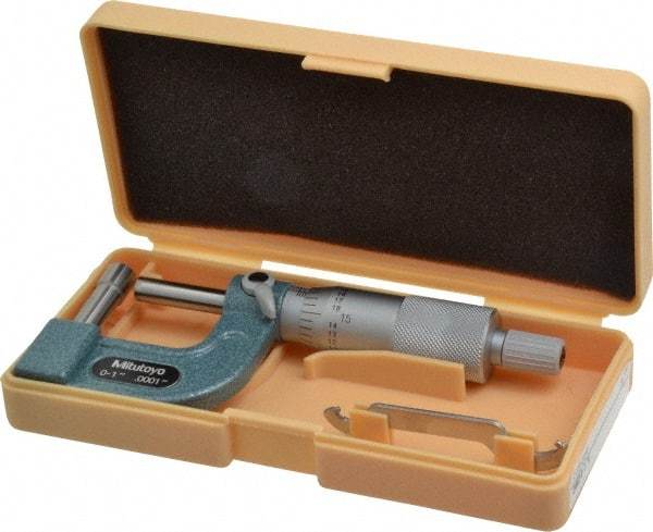 Mitutoyo - 1 Inch Measurement Range, 0.0001 Inch Graduation, Barrel Anvil, Ratchet Stop Thimble, Mechanical Tube Micrometer - Accurate Up to 0.0002 Inch, Carbide, Includes Plastic Case - Exact Industrial Supply
