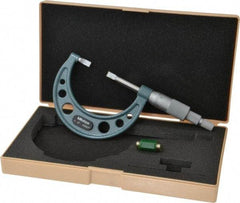 Mitutoyo - 1" to 2" Mechanical Hammertone Green Coated Blade Micrometer - 0.0002" Accuracy, 0.0001" Graduation, 0.75mm Blade Thickness, Ratchet Stop Thimble - Exact Industrial Supply