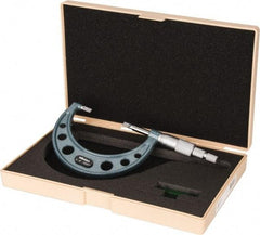Mitutoyo - 2" to 3" Mechanical Hammertone Green Coated Blade Micrometer - 0.0002" Accuracy, 0.0001" Graduation, 0.75mm Blade Thickness, Ratchet Stop Thimble - Exact Industrial Supply