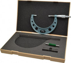 Mitutoyo - 3" to 4" Mechanical Hammertone Green Coated Blade Micrometer - 0.0002" Accuracy, 0.0001" Graduation, 0.75mm Blade Thickness, Ratchet Stop Thimble - Exact Industrial Supply