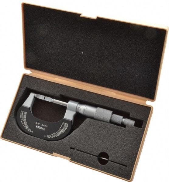 Mitutoyo - 0" to 1" Mechanical Baked Enamel Coated Blade Micrometer - 0.0002" Accuracy, 0.0001" Graduation, 0.4mm Blade Thickness, Ratchet Stop Thimble - Exact Industrial Supply