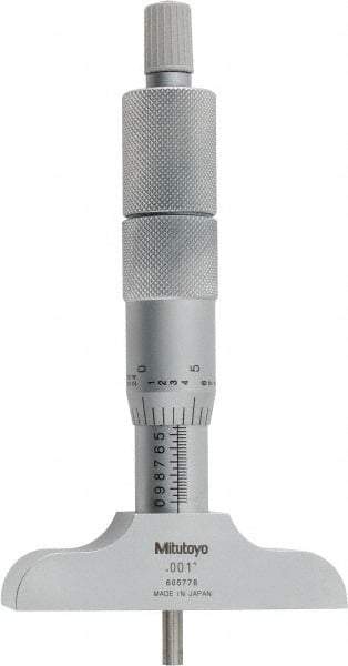 Mitutoyo - 0 to 4" Range, 4 Rod, Satin Chrome Finish Mechanical Depth Micrometer - Ratchet Stop Thimble, 2-1/2" Base Length, 0.01mm Graduation, 4mm Rod Diam - Exact Industrial Supply