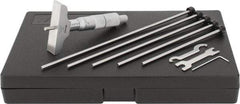 Mitutoyo - 0 to 6" Range, 6 Rod, Satin Chrome Finish Mechanical Depth Micrometer - Ratchet Stop Thimble, 2-1/2" Base Length, 0.01mm Graduation, 4mm Rod Diam - Exact Industrial Supply