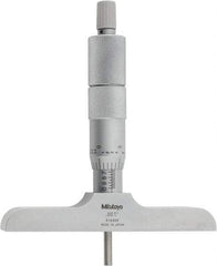 Mitutoyo - 0 to 4" Range, 4 Rod, Satin Chrome Finish Mechanical Depth Micrometer - Ratchet Stop Thimble, 4" Base Length, 0.01mm Graduation, 4mm Rod Diam - Exact Industrial Supply