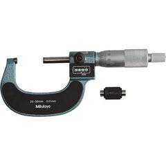 Mitutoyo - Standard Throat Electronic Outside Micrometer - Ratchet Stop Thimble, Carbide-Tipped Face - Exact Industrial Supply