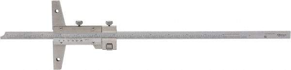 Mitutoyo - 0 to 12 Inch Measurement Range, 410mm Rule Length, 4 Inch Base Length, Vernier Depth Gage - 0.001 Inch Graduation, Accurate to 0.0015 Inch, Stainless Steel, Satin Chrome Coated - Exact Industrial Supply