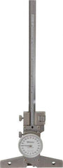 Mitutoyo - 0 to 6 Inch Range, Stainless Steel, White Dial Depth Gage - 0.001 Inch Graduation, 0.001 Inch Accuracy, 4 Inch Base Measuring Length - Exact Industrial Supply