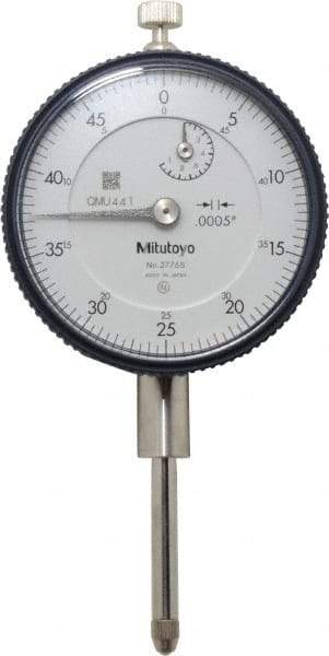 Mitutoyo - 1" Range, 0-50 Dial Reading, 0.0005" Graduation Dial Drop Indicator - 2-3/16" Dial, 0.05" Range per Revolution, 0.002" Accuracy, Revolution Counter - Exact Industrial Supply