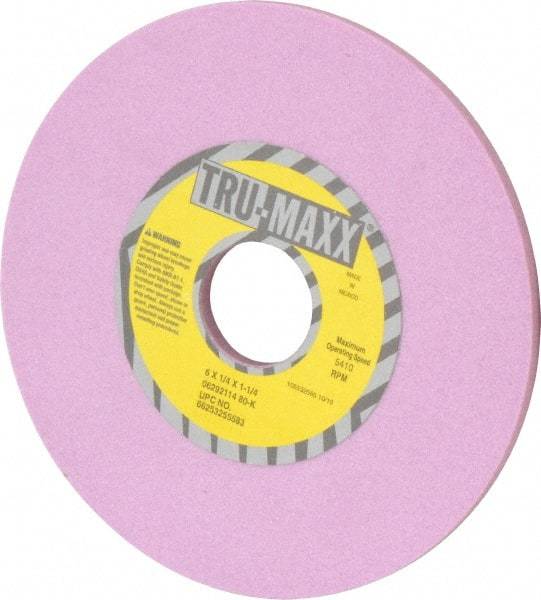 Tru-Maxx - 6" Diam x 1-1/4" Hole x 1/4" Thick, K Hardness, 80 Grit Surface Grinding Wheel - Aluminum Oxide, Type 1, Medium Grade, 5,410 Max RPM, Vitrified Bond, No Recess - Exact Industrial Supply