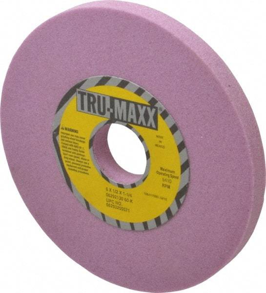 Tru-Maxx - 6" Diam x 1-1/4" Hole x 1/2" Thick, K Hardness, 60 Grit Surface Grinding Wheel - Aluminum Oxide, Type 1, Medium Grade, 5,410 Max RPM, Vitrified Bond, No Recess - Exact Industrial Supply