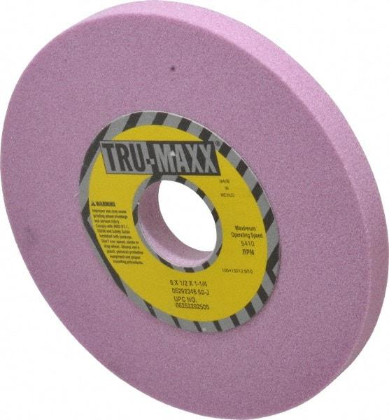 Tru-Maxx - 6" Diam x 1-1/4" Hole x 1/2" Thick, J Hardness, 60 Grit Surface Grinding Wheel - Aluminum Oxide, Type 1, Medium Grade, 5,410 Max RPM, Vitrified Bond, No Recess - Exact Industrial Supply