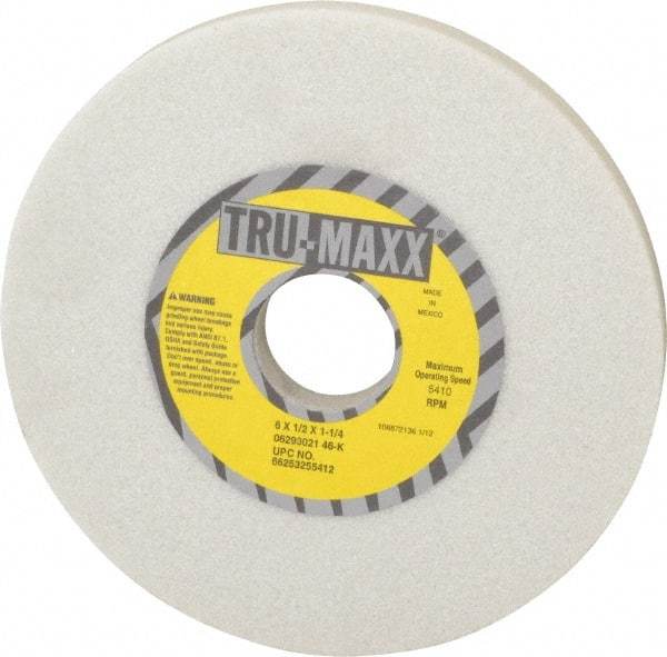 Tru-Maxx - 6" Diam x 1-1/4" Hole x 1/2" Thick, K Hardness, 46 Grit Surface Grinding Wheel - Aluminum Oxide, Type 1, Coarse Grade, 5,410 Max RPM, Vitrified Bond, No Recess - Exact Industrial Supply