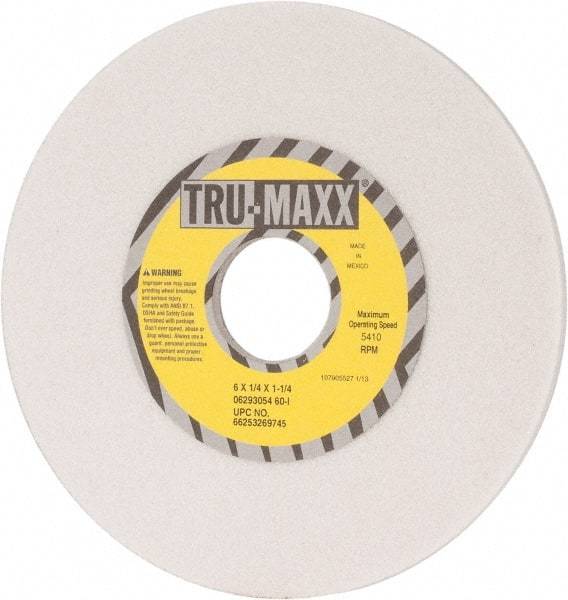 Tru-Maxx - 6" Diam x 1-1/4" Hole x 1/4" Thick, I Hardness, 60 Grit Surface Grinding Wheel - Aluminum Oxide, Type 1, Medium Grade, 5,410 Max RPM, Vitrified Bond, No Recess - Exact Industrial Supply
