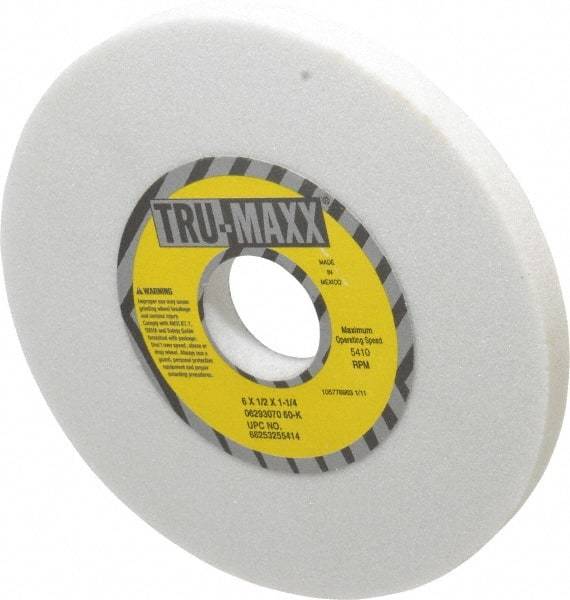 Tru-Maxx - 6" Diam x 1-1/4" Hole x 1/2" Thick, K Hardness, 60 Grit Surface Grinding Wheel - Aluminum Oxide, Type 1, Medium Grade, 5,410 Max RPM, Vitrified Bond, No Recess - Exact Industrial Supply