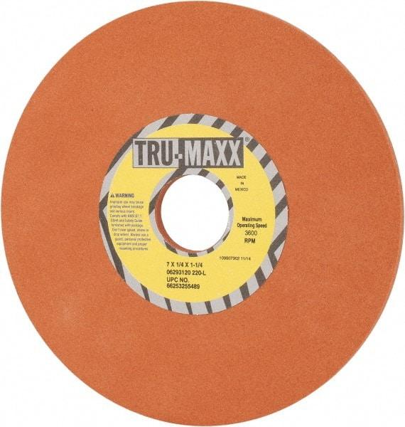 Tru-Maxx - 7" Diam x 1-1/4" Hole x 1/4" Thick, L Hardness, 220 Grit Surface Grinding Wheel - Aluminum Oxide, Type 1, Very Fine Grade, 3,600 Max RPM, Vitrified Bond, No Recess - Exact Industrial Supply