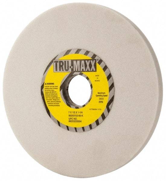 Tru-Maxx - 7" Diam x 1-1/4" Hole x 1/2" Thick, K Hardness, 60 Grit Surface Grinding Wheel - Aluminum Oxide, Type 1, Medium Grade, 3,600 Max RPM, Vitrified Bond, No Recess - Exact Industrial Supply
