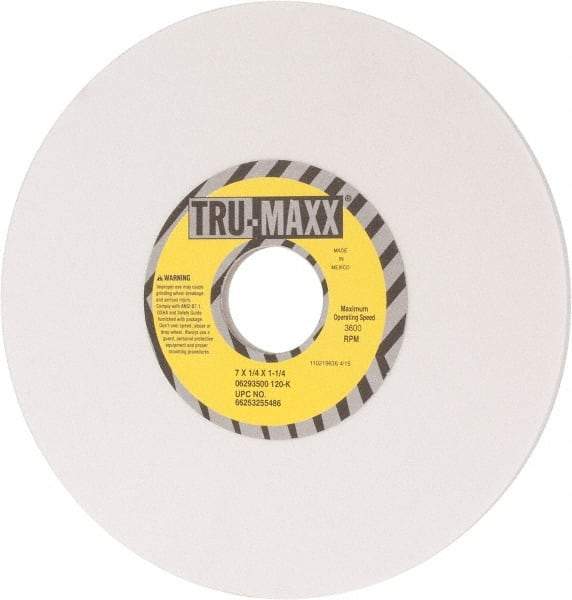 Tru-Maxx - 7" Diam x 1-1/4" Hole x 1/4" Thick, K Hardness, 120 Grit Surface Grinding Wheel - Aluminum Oxide, Type 1, Fine Grade, 3,600 Max RPM, Vitrified Bond, No Recess - Exact Industrial Supply