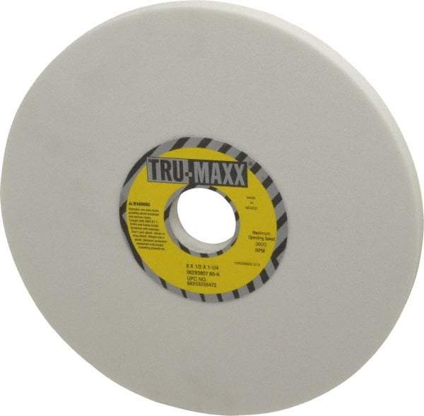 Tru-Maxx - 8" Diam x 1-1/4" Hole x 1/2" Thick, K Hardness, 80 Grit Surface Grinding Wheel - Aluminum Oxide, Type 1, Medium Grade, 3,600 Max RPM, Vitrified Bond, No Recess - Exact Industrial Supply