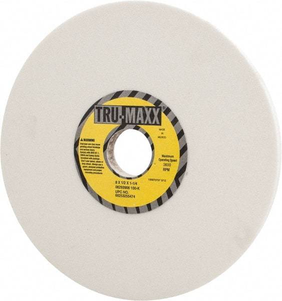 Tru-Maxx - 8" Diam x 1-1/4" Hole x 1/2" Thick, K Hardness, 100 Grit Surface Grinding Wheel - Aluminum Oxide, Type 1, Fine Grade, 3,600 Max RPM, Vitrified Bond, No Recess - Exact Industrial Supply