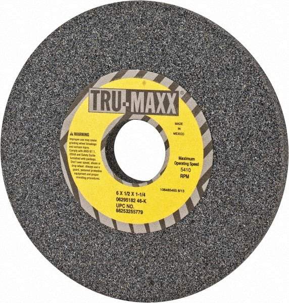 Tru-Maxx - 6" Diam x 1-1/4" Hole x 1/2" Thick, K Hardness, 46 Grit Surface Grinding Wheel - Aluminum Oxide, Type 1, Coarse Grade, 5,410 Max RPM, Vitrified Bond, No Recess - Exact Industrial Supply