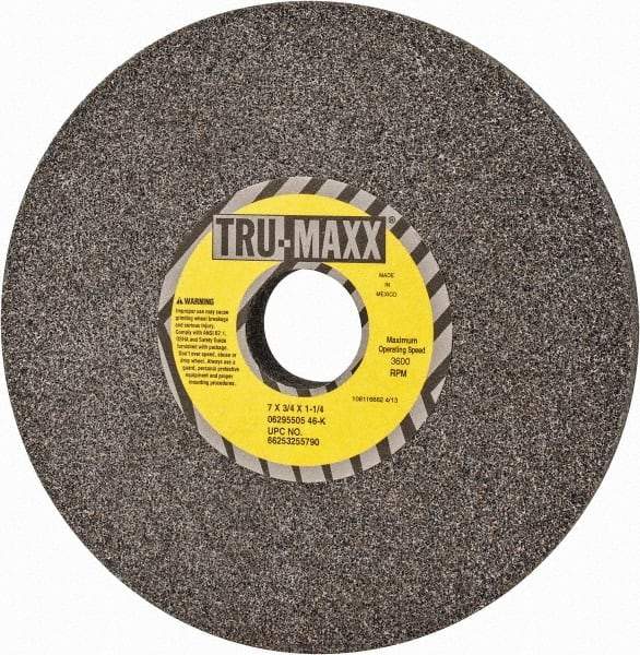 Tru-Maxx - 7" Diam x 1-1/4" Hole x 3/4" Thick, K Hardness, 46 Grit Surface Grinding Wheel - Aluminum Oxide, Type 1, Coarse Grade, 3,600 Max RPM, Vitrified Bond, No Recess - Exact Industrial Supply