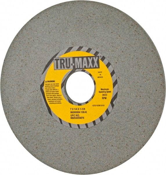 Tru-Maxx - 7" Diam x 1-1/4" Hole x 1/4" Thick, K Hardness, 100 Grit Surface Grinding Wheel - Aluminum Oxide, Type 1, Fine Grade, 3,600 Max RPM, Vitrified Bond, No Recess - Exact Industrial Supply