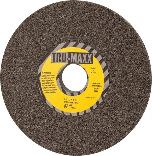 Tru-Maxx - 7" Diam x 1-1/4" Hole x 1/2" Thick, G Hardness, 46 Grit Surface Grinding Wheel - Aluminum Oxide, Type 1, Coarse Grade, 3,600 Max RPM, Vitrified Bond, No Recess - Exact Industrial Supply