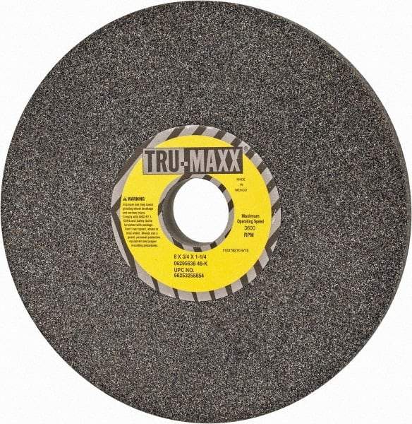 Tru-Maxx - 8" Diam x 1-1/4" Hole x 3/4" Thick, K Hardness, 46 Grit Surface Grinding Wheel - Aluminum Oxide, Type 1, Coarse Grade, 3,600 Max RPM, Vitrified Bond, No Recess - Exact Industrial Supply