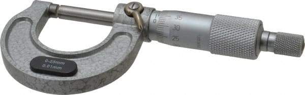Value Collection - 0 to 25mm Range, 0.01mm Graduation, Mechanical Outside Micrometer - Ratchet Stop Thimble, Accurate to 0.004mm - Exact Industrial Supply