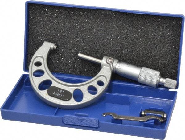 Value Collection - 1 to 2" Range, 0.0001" Graduation, Mechanical Outside Micrometer - Ratchet Stop Thimble, Accurate to 0.0001" - Exact Industrial Supply