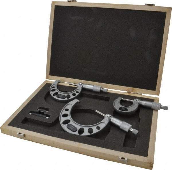 Value Collection - 0 to 75mm Range, 3 Piece Mechanical Outside Micrometer Set - 0.01mm Graduation, 0.005mm Accuracy, Ratchet Stop Thimble, Steel Face - Exact Industrial Supply