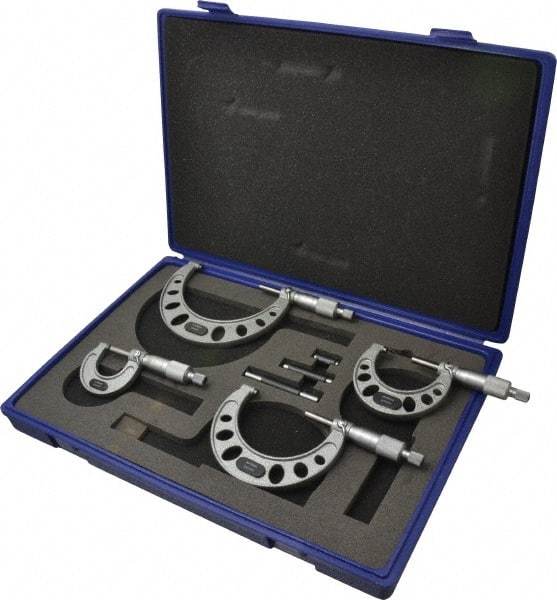 Value Collection - 0 to 100mm Range, 4 Piece Mechanical Outside Micrometer Set - 0.01mm Graduation, 0.005mm Accuracy, Ratchet Stop Thimble, Steel Face - Exact Industrial Supply