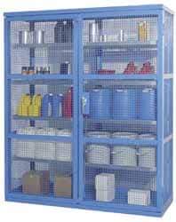Denios - 2 Door, 8 Shelf, Blue Steel Caged Containment Shelving Safety Cabinet for Corrosive Chemicals - 87" High x 74" Wide x 28" Deep, Manual Closing Door - Exact Industrial Supply