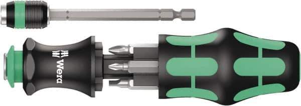 Wera - 8 Piece Bit Screwdriver - Phillips, Slotted, Square, with Storage - Exact Industrial Supply