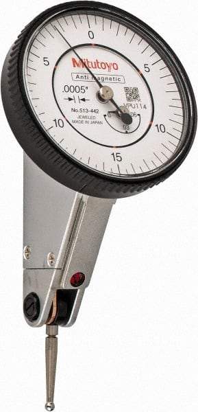 Mitutoyo - 0.06 Inch Range, 0.0005 Inch Dial Graduation, Horizontal Dial Test Indicator - 1.5748 Inch White Dial, 0-15-0 Dial Reading, Accurate to 0.0005 Inch - Exact Industrial Supply