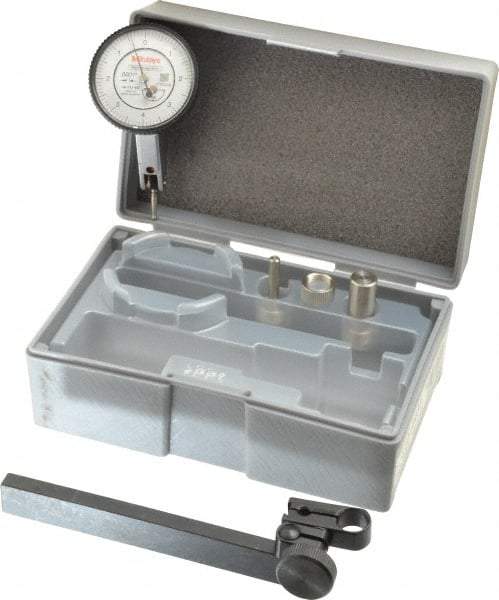 Mitutoyo - 9 Piece, 0" to 0.016" Measuring Range, 40mm Dial Diam, 0-4-0 Dial Reading, White Dial Test Indicator Kit - 0.0005" Accuracy, 0.59" Contact Point Length, 0.039, 0.079 & 0.118" Ball Diam, 0.0001" Dial Graduation - Exact Industrial Supply