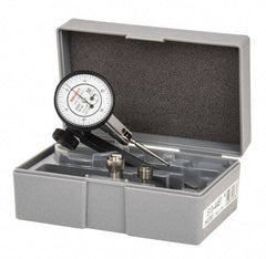 Mitutoyo - 9 Piece, 0" to 0.06" Measuring Range, 40mm Dial Diam, 0-15-0 Dial Reading, White Dial Test Indicator Kit - 0.0005" Accuracy, 1.33" Contact Point Length, 0.039, 0.079 & 0.118" Ball Diam, 0.0005" Dial Graduation - Exact Industrial Supply