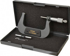 Value Collection - 75 to 100mm Range, 0.01mm Graduation, Mechanical Outside Micrometer - Ratchet Stop Thimble - Exact Industrial Supply