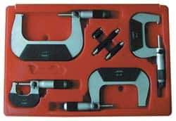 Value Collection - 0 to 75mm Range, 3 Piece Mechanical Outside Micrometer Set - 0.01mm Graduation, 0.000160, 0.000200 Accuracy, Ratchet Stop Thimble, Carbide Tipped, Forged Steel (Frame) Face - Exact Industrial Supply