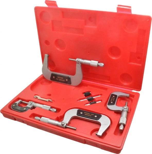 Value Collection - 0 to 100mm Range, 4 Piece Mechanical Outside Micrometer Set - 0.01mm Graduation, 0.000160, 0.000200 Accuracy, Ratchet Stop Thimble, Carbide Tipped, Forged Steel (Frame) Face - Exact Industrial Supply