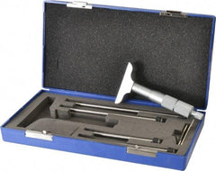 Fowler - 0 to 4" Range, 4 Rod, Satin Chrome Finish Mechanical Depth Micrometer - Ratchet Stop Thimble, 2-1/2" Base Length, 0.01mm Graduation, 0.176" Rod Diam - Exact Industrial Supply