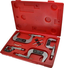 Value Collection - 0 to 4" Range, 4 Piece Mechanical Outside Micrometer Set - 0.0001" Graduation, 0.000160, 0.000200 Accuracy, Ratchet Stop Thimble, Carbide Tipped, Forged Steel (Frame) Face - Exact Industrial Supply