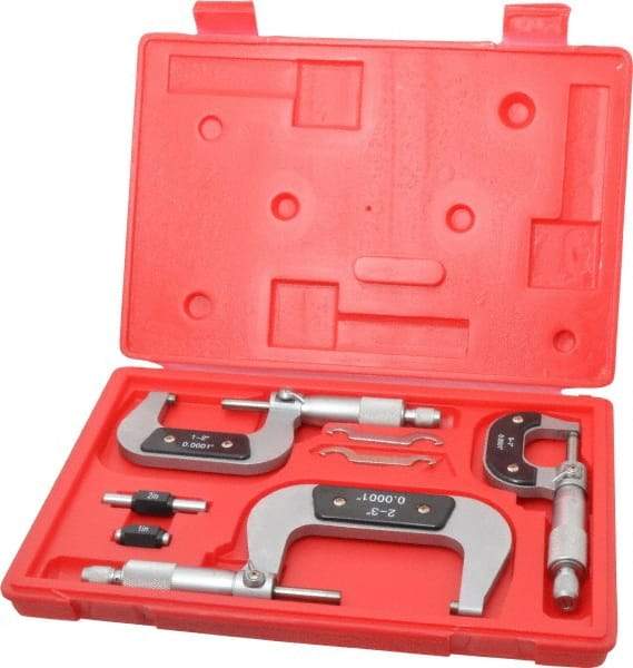 Value Collection - 0 to 3" Range, 3 Piece Mechanical Outside Micrometer Set - 0.0001" Graduation, 0.000160, 0.000200 Accuracy, Ratchet Stop Thimble, Carbide Tipped, Forged Steel (Frame) Face - Exact Industrial Supply