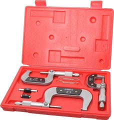 Value Collection - 0 to 3" Range, 3 Piece Mechanical Outside Micrometer Set - 0.0001" Graduation, 0.000160, 0.000200 Accuracy, Ratchet Stop Thimble, Carbide Tipped, Forged Steel (Frame) Face - Exact Industrial Supply