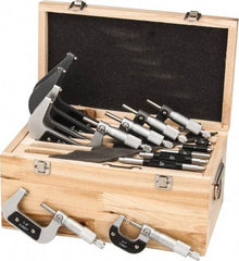 Value Collection - 0 to 6" Range, 6 Piece Mechanical Outside Micrometer Set - 0.0001" Graduation, 0.000160, 0.000200, 0.000240 Accuracy, Ratchet Stop Thimble, Carbide Tipped, Forged Steel (Frame) Face - Exact Industrial Supply