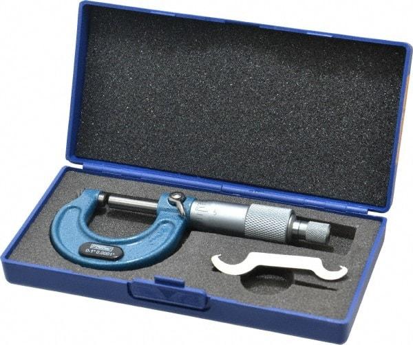 Fowler - Mechanical, 0 to 1 Inch Measurement, Baked Enamel Frame, Satin Chrome Graduations, Ball Anvil Micrometer - Accuracy up to 0.0001 Inch, 0.0001 Inch Graduation, Ratchet Stop Thimble - Exact Industrial Supply