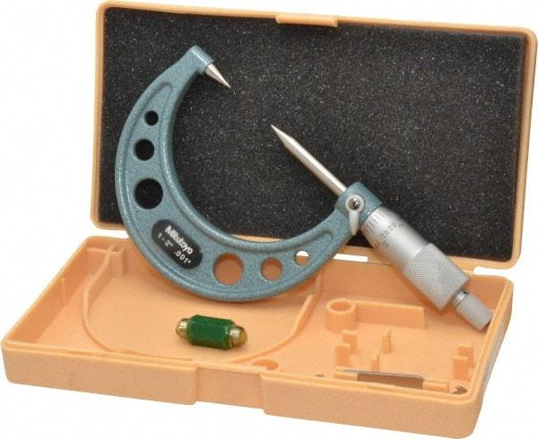 Mitutoyo - 1 to 2 Inch, 49mm Throat Depth, Ratchet Stop, Mechanical Point Micrometer - Accurate Up to 0.00015 Inch, 0.001 Inch Graduation, 0.5039 Inch Point Length, 30° Point Angle, 18mm Head Diameter, 6.35mm Spindle Diameter - Exact Industrial Supply